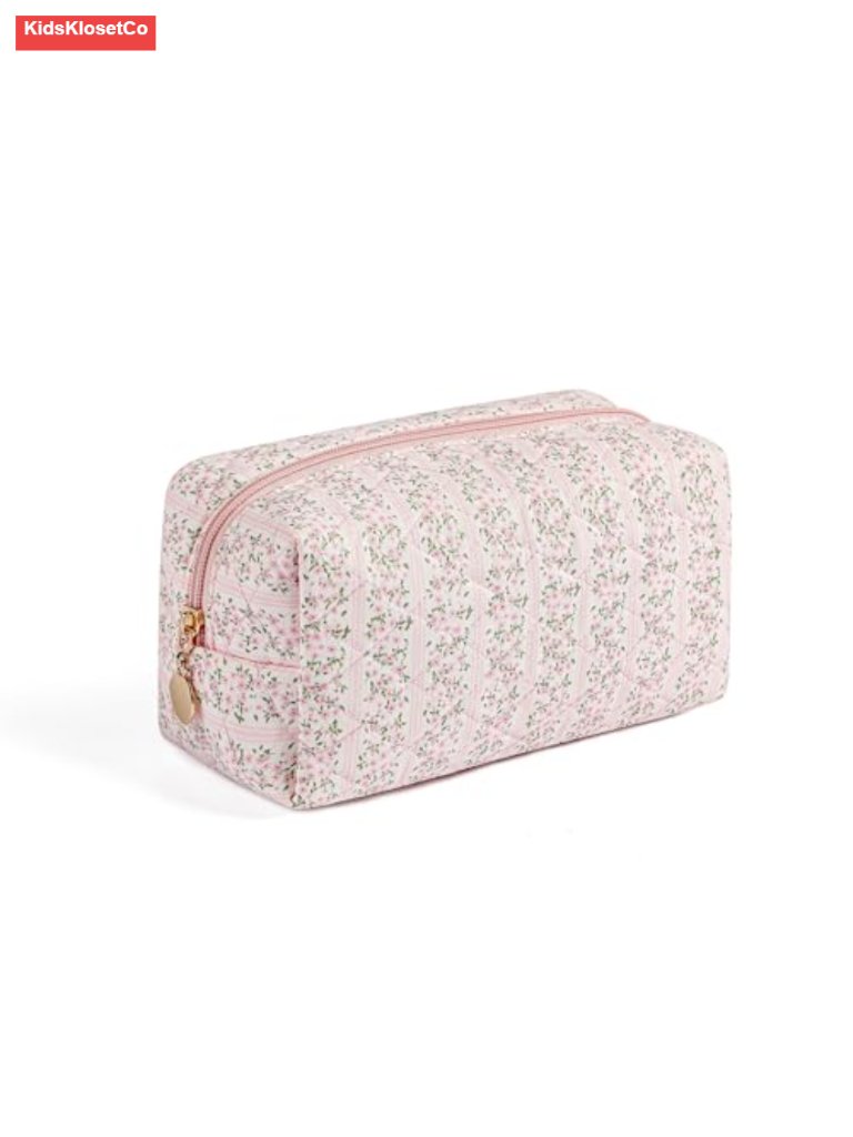 Small Quilted Cotton Cosmetic Bag Floral Makeup Pouch Travel Toiletry Organizer